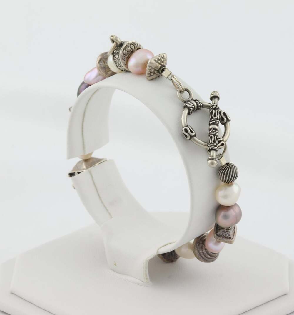 Sterling Silver Pink, White, Grey Pearl Bali Bracelet Add Charm 7 1/2" inch - Picture 5 of 7